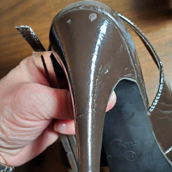Madeline Stuard Brown Patent Peep-Toe Slingback S6 - Picture 5 of 6